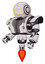 Bot containing round head and yellow eyes array and heavy upper chest and heavy mech chest and green cable sockets array and jet propulsion. White halftone toon. Facing right view.