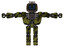 Mech containing digital display head and happy face and led and protection bars and heavy upper chest and heavy mech chest and prototype exoplate legs. Grunge army green. T-pose.
