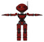 Robot containing oval wide head and small red led eyes and retro antenna with light and light chest exoshielding and ultralight chest exosuit and prototype exoplate legs. Matted red. T-pose.