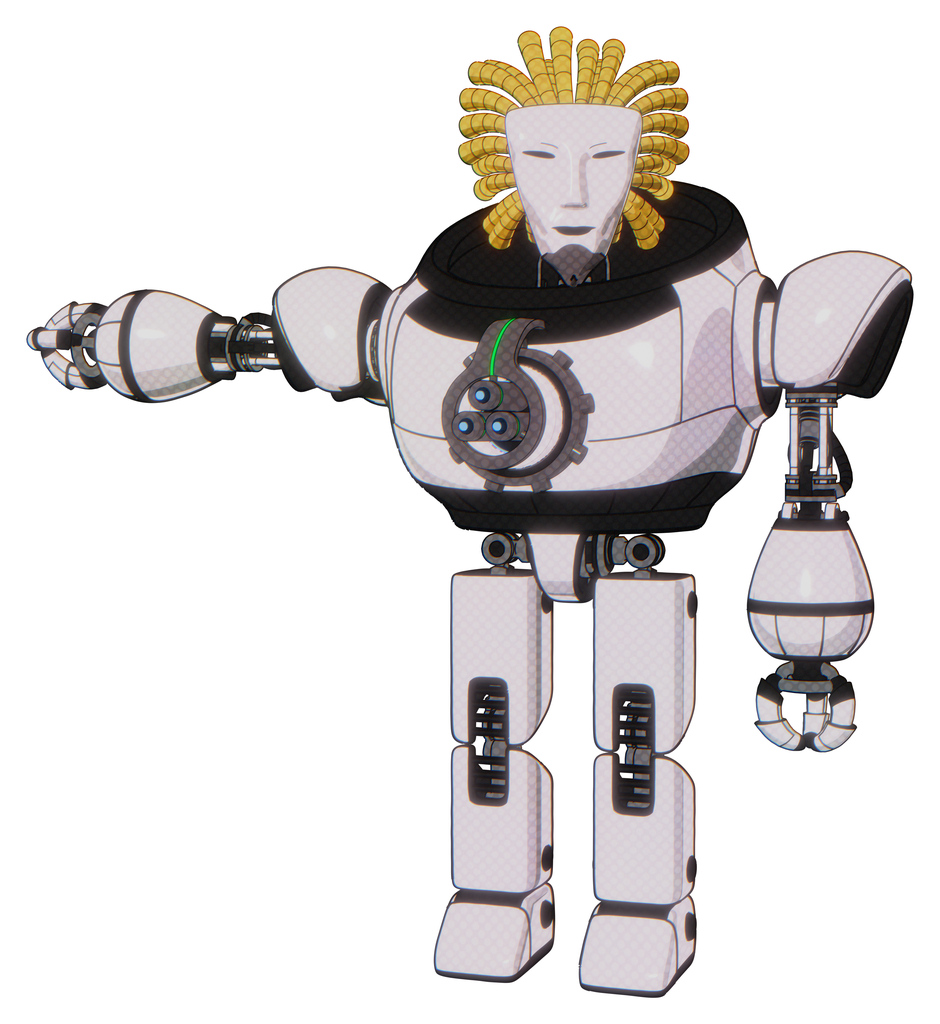 Droid containing humanoid face mask and heavy upper chest and chest energy gun and prototype exoplate legs. White halftone toon. Arm out holding invisible object..