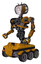 Bot containing humanoid face mask and die robots graffiti design and heavy upper chest and no chest plating and six-wheeler base. Worn construction yellow. Facing right view.