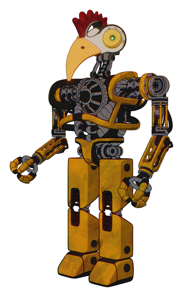 Cyborg containing bird skull head and brass steampunk eyes and chicken design and heavy upper chest and no chest plating and prototype exoplate legs. Worn construction yellow. Facing right view.