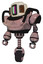 Automaton containing old computer monitor and please stand by pixel design and old retro speakers and heavy upper chest and unicycle wheel. Powder pink metal. Standing looking right restful pose.
