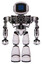 Mech containing digital display head and three vertical line design and heavy upper chest and no chest plating and light leg exoshielding. White halftone toon. Front view.