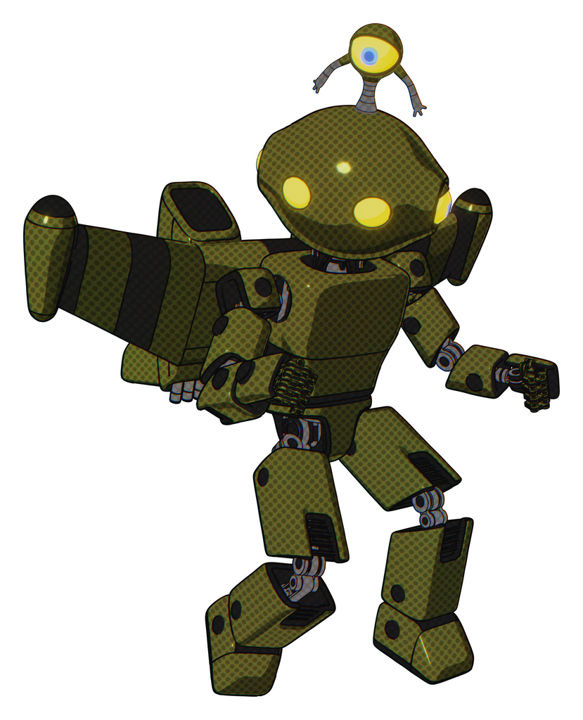 Robot containing oval wide head and yellow eyes and minibot ornament and light chest exoshielding and prototype exoplate chest and stellar jet wing rocket pack and prototype exoplate legs.