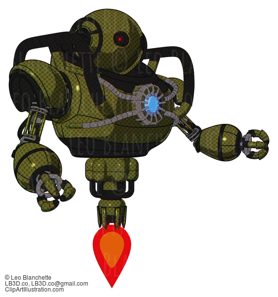 Android Containing Oval Wide Head And Small Red Led Eyes And Heavy Upper Chest And Chest Blue Energy Core And Jet Propulsion. Army Green Halftone. Interacting. #19978