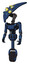 Robot containing flat elongated skull head and yellow eyeball array and light chest exoshielding and ultralight chest exosuit and unicycle wheel. Dark blue halftone.