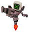 Mech containing old computer monitor and pixel x and light chest exoshielding and red energy core and stellar jet wing rocket pack and jet propulsion. Grayish pink. Fight or defense pose..