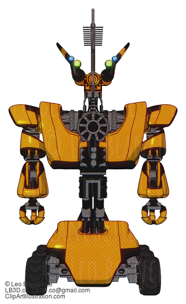 Android Containing Dual Retro Camera Head And Communications Array Head And Heavy Upper Chest And Heavy Mech Chest And Six-Wheeler Base. Primary Yellow Halftone. Front View. #19986