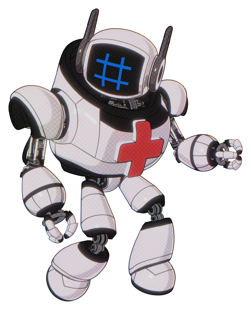 Cyborg containing digital display head and hashtag face and winglets and heavy upper chest and first aid chest symbol and light leg exoshielding. White halftone toon. Fight or defense pose..