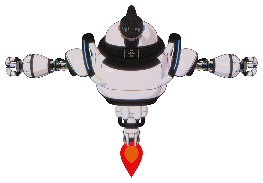 Mech containing gatling gun face design and heavy upper chest and blue strip lights and jet propulsion. White halftone toon. T-pose.