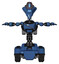Bot containing flat elongated skull head and visor and light chest exoshielding and cable sash and rocket pack and tank tracks. Blue halftone. T-pose.