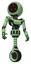 Droid containing three led eyes round head and light chest exoshielding and ultralight chest exosuit and unicycle wheel. Green tint toon. Hero pose.