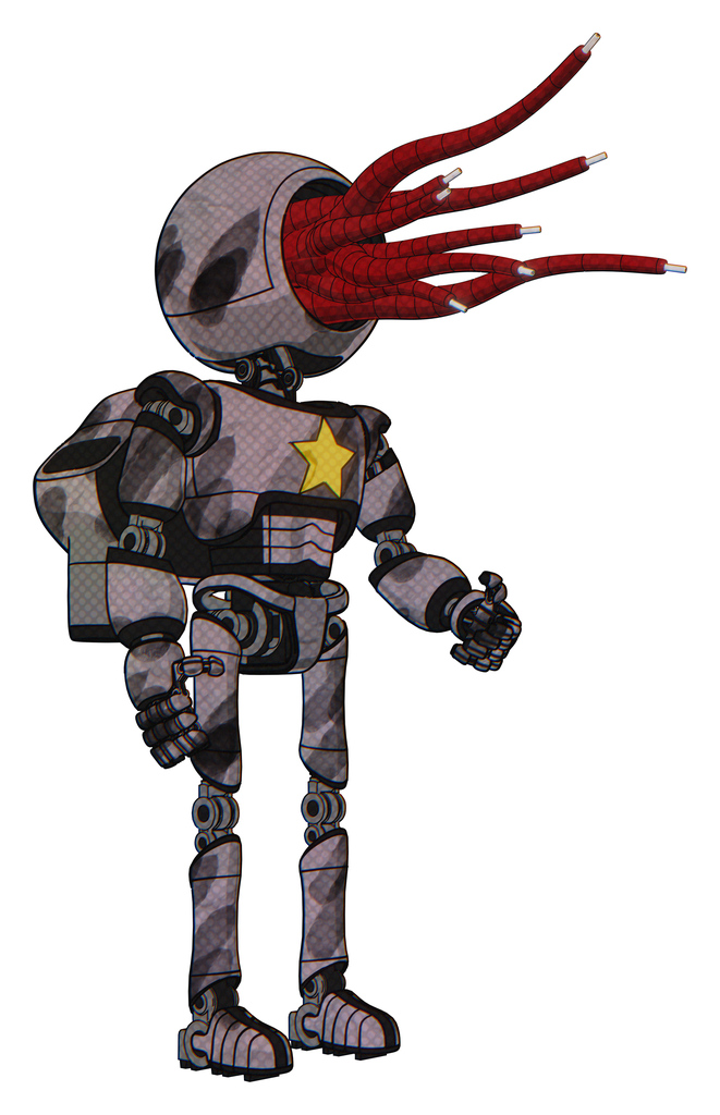 Droid containing jellyfish style head red fiber optic tentacles and light chest exoshielding and yellow star and rocket pack and ultralight foot exosuit. Sketch pad wet ink smudge. Facing left view.