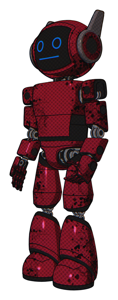 Droid containing digital display head and blank-faced expression and winglets and light chest exoshielding and prototype exoplate chest and light leg exoshielding. Grunge dots royal red.