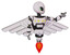 Mech containing grey alien style head and green inset eyes and light chest exoshielding and yellow chest lights and pilot's wings assembly and jet propulsion. White halftone toon.