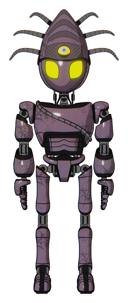 Automaton containing grey alien style head and yellow eyes and eyeball creature crown and light chest exoshielding and cable sash and ultralight foot exosuit. Lilac metal. Front view.
