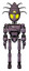 Automaton containing grey alien style head and yellow eyes and eyeball creature crown and light chest exoshielding and cable sash and ultralight foot exosuit. Lilac metal. Front view.