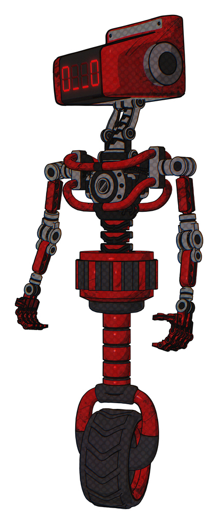 Bot containing dual retro camera head and clock radio head and light chest exoshielding and no chest plating and unicycle wheel. Red blood grunge material. Standing looking right restful pose.