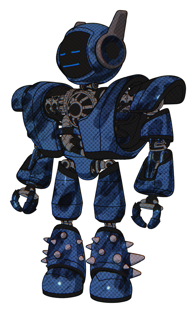 Mech containing digital display head and sleeping face and winglets and heavy upper chest and heavy mech chest and light leg exoshielding and spike foot mod. Grunge dark blue.