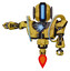 Bot containing round head and large vertical visor and heavy upper chest and heavy mech chest and spectrum fusion core chest and jet propulsion. Construction yellow halftone.