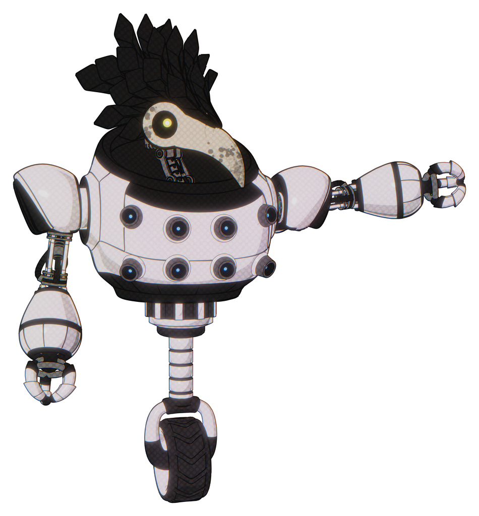 Robot containing bird skull head and yellow led protruding eyes and crow feather design and heavy upper chest and chest energy sockets and unicycle wheel. White halftone toon.