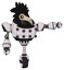Robot containing bird skull head and yellow led protruding eyes and crow feather design and heavy upper chest and chest energy sockets and unicycle wheel. White halftone toon.