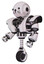 Bot containing round head and heavy upper chest and heavy mech chest and unicycle wheel and cat face. White halftone toon. Facing right view.