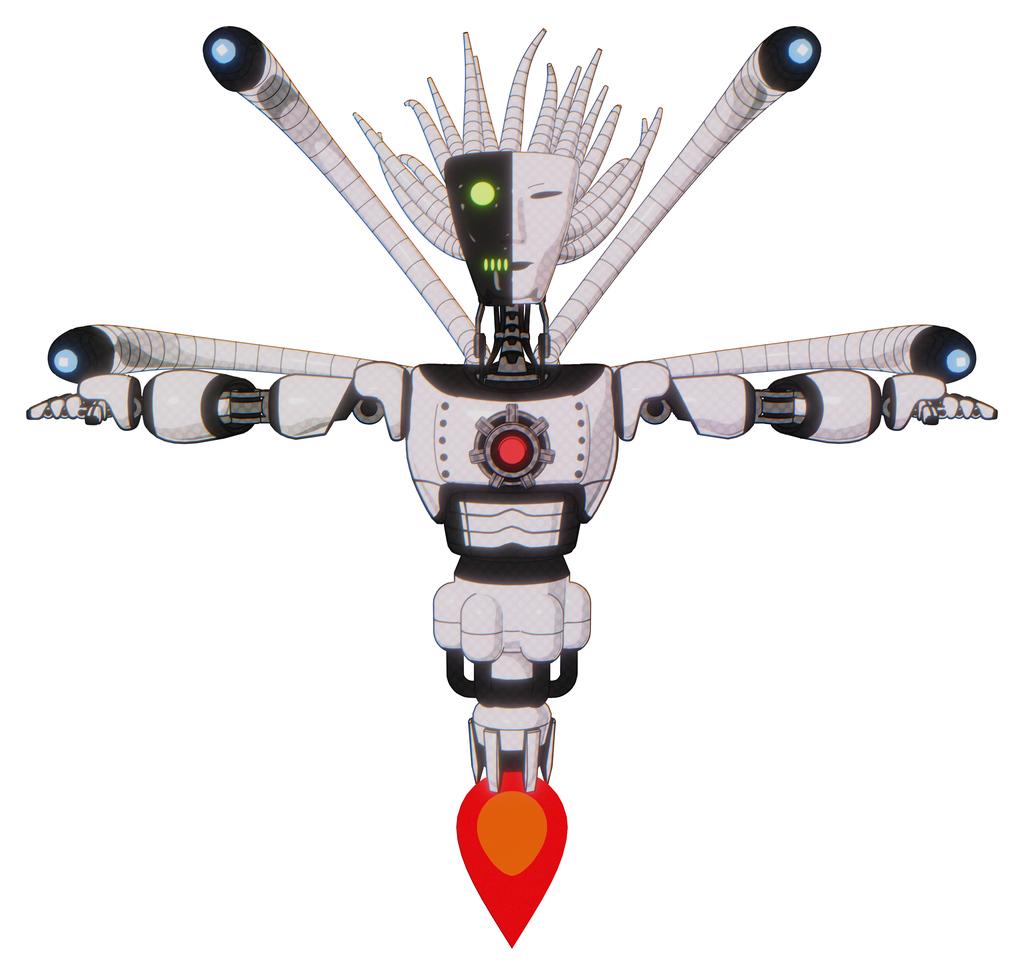 Cyborg containing humanoid face mask and two-face black white mask and light chest exoshielding and red energy core and blue-eye cam cable tentacles and jet propulsion. White halftone toon. T-pose.