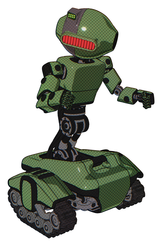 Droid containing oval wide head and red horizontal visor and green led ornament and light chest exoshielding and prototype exoplate chest and tank tracks. Grass green. Fight or defense pose..