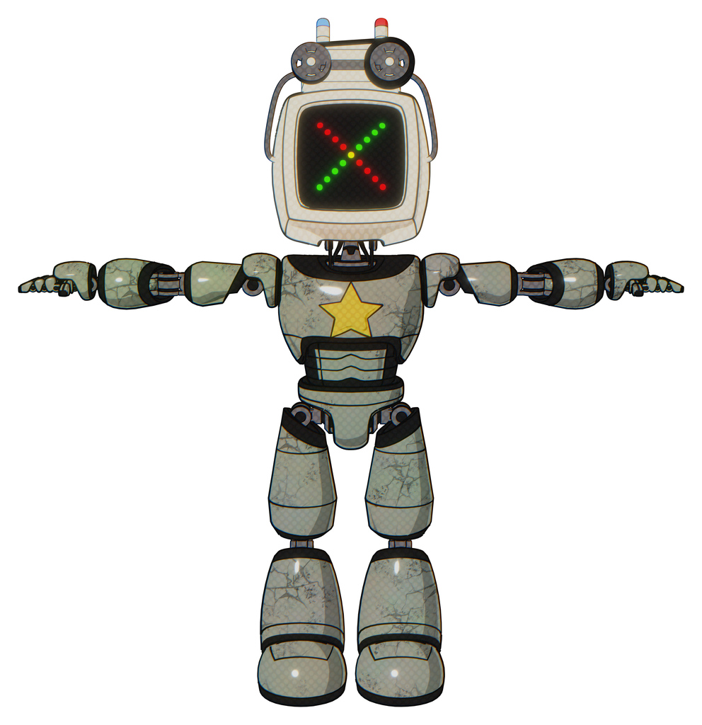 Bot containing old computer monitor and colored x display and old computer magnetic tape and light chest exoshielding and yellow star and light leg exoshielding. Green metal. T-pose.