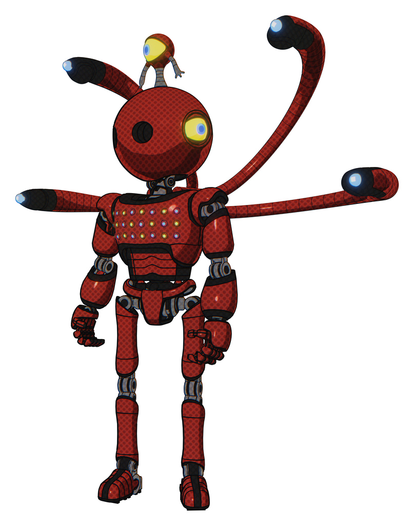 Bot containing oval wide head and minibot ornament and light chest exoshielding and chest green blue lights array and blue-eye cam cable tentacles and ultralight foot exosuit. Cherry tomato red.