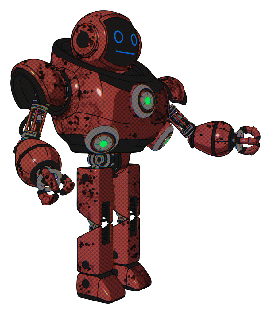 Mech containing digital display head and blank-faced expression and heavy upper chest and chest green energy cores and prototype exoplate legs. Grunge matted orange. Interacting.