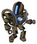 Droid containing round head and large vertical visor and heavy upper chest and heavy mech chest and spectrum fusion core chest and prototype exoplate legs. Desert tan painted. Fight or defense pose..