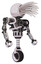 Bot containing round fiber optic connectors head and heavy upper chest and no chest plating and unicycle wheel. White halftone toon. Facing left view.