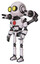 Robot containing round head and large yellow eyes and light chest exoshielding and red chest button and minigun back assembly and ultralight foot exosuit. White halftone toon. Facing right view.