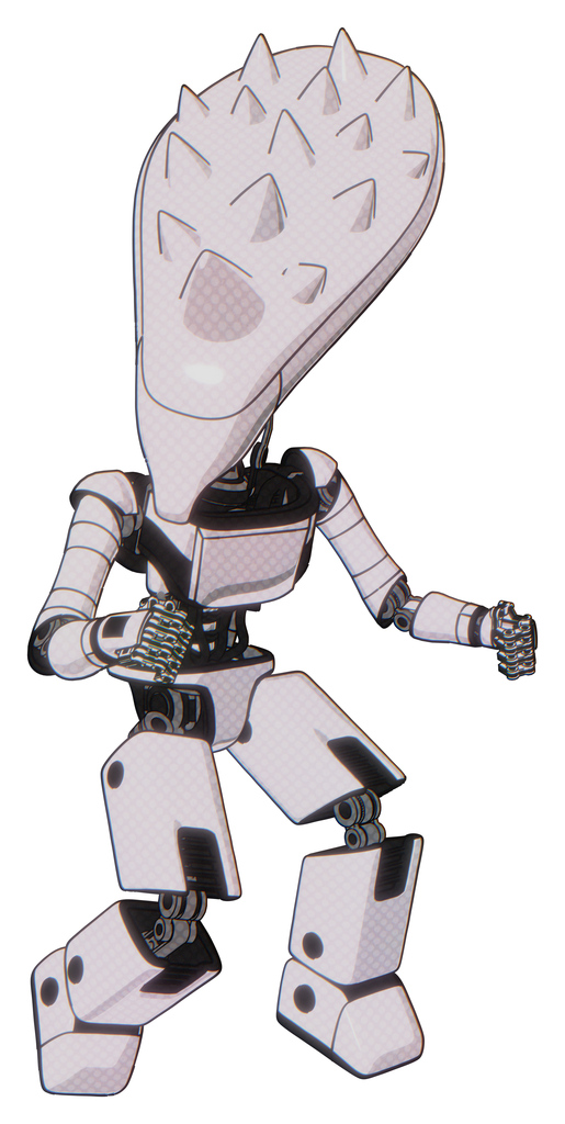 Bot containing flat elongated skull head and spikes, and light chest exoshielding and ultralight chest exosuit and prototype exoplate legs. White halftone toon. Fight or defense pose..