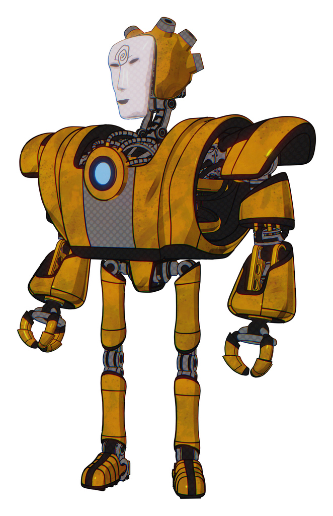 Mech containing humanoid face mask and spiral design and heavy upper chest and heavy mech chest and blue energy fission element chest and ultralight foot exosuit. Worn construction yellow.