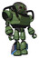 Robot containing oval wide head and small red led eyes and barbed wire cage helmet and heavy upper chest and light leg exoshielding and megneto-hovers foot mod. Grass green. Facing left view.