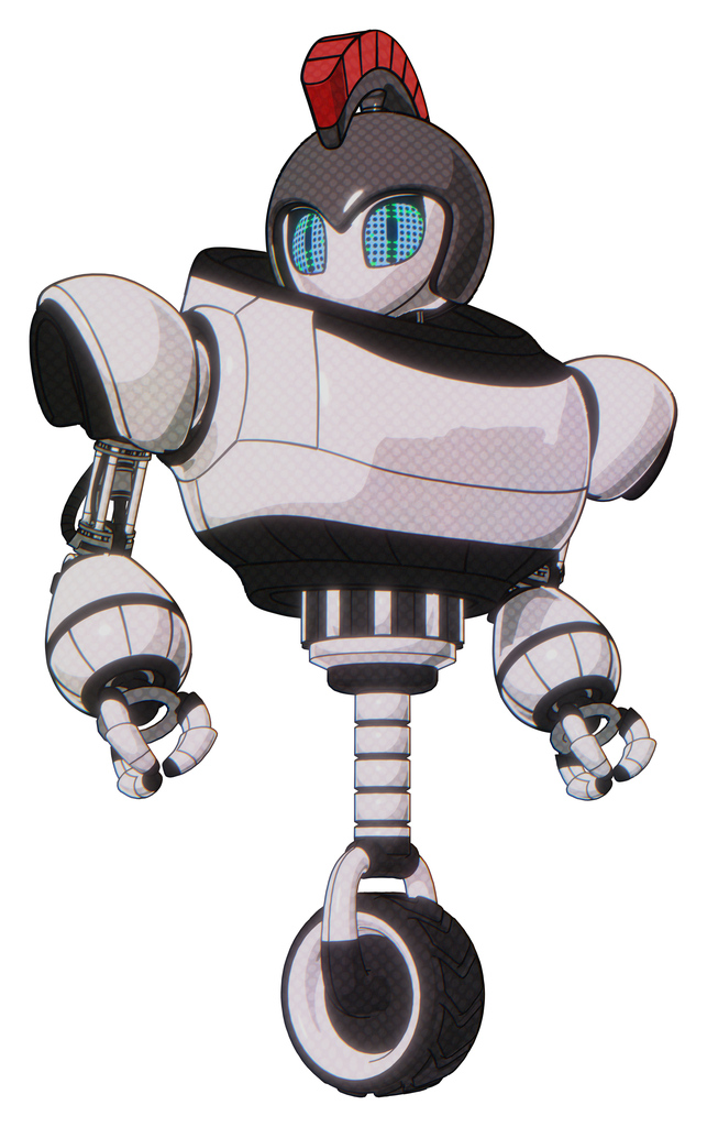 Automaton containing grey alien style head and blue grate eyes and galea roman soldier ornament and gray helmet and heavy upper chest and unicycle wheel. White halftone toon. Hero pose.