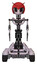 Droid containing grey alien style head and black eyes and red v and red helmet and light chest exoshielding and no chest plating and six-wheeler base. Sketch pad doodle lines. Front view.