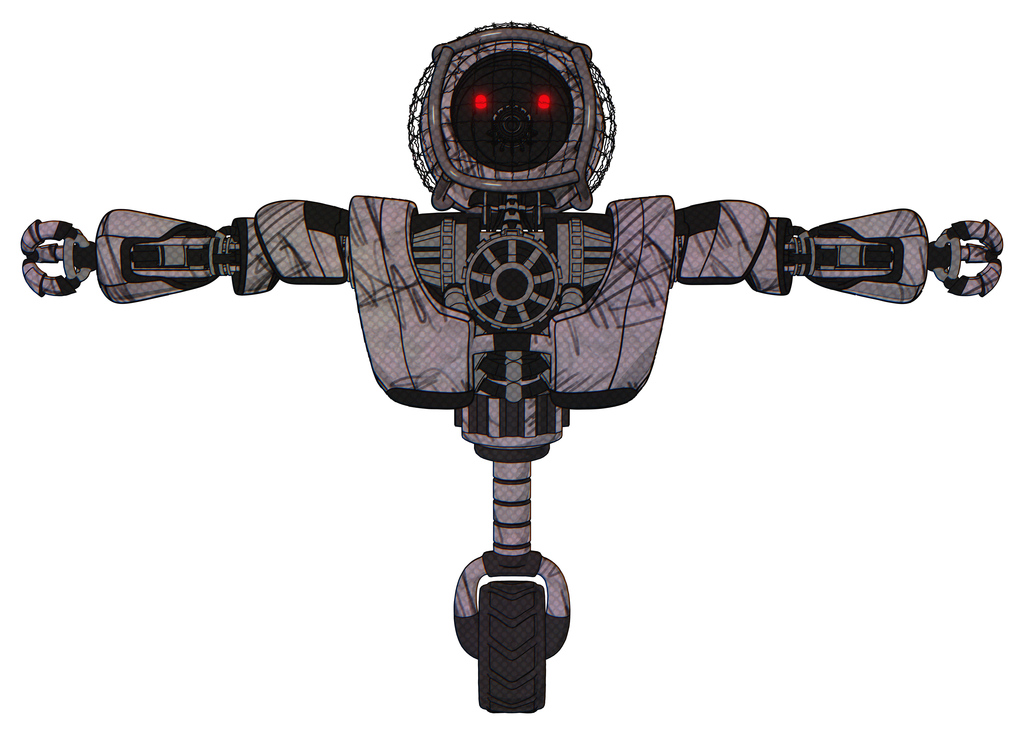 Mech containing round barbed wire round head and heavy upper chest and heavy mech chest and unicycle wheel. Dark sketchy. T-pose.