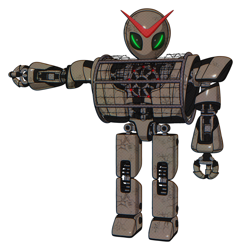 Droid containing grey alien style head and green demon eyes and heavy upper chest and heavy mech chest and barbed wire chest armor cage and prototype exoplate legs. Patent khaki metal.