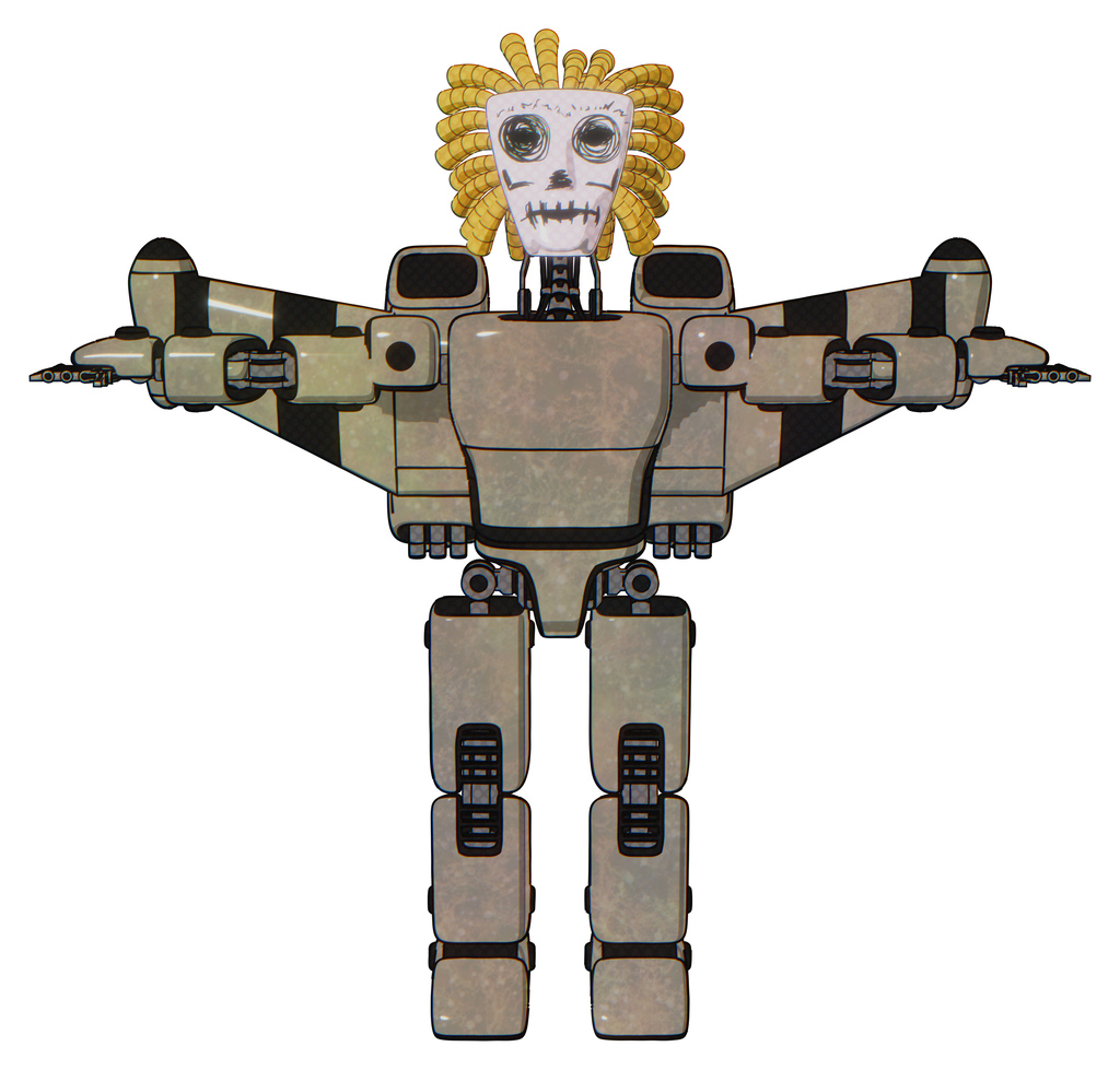 Android containing humanoid face mask and skeleton war paint and light chest exoshielding and prototype exoplate chest and stellar jet wing rocket pack and prototype exoplate legs. Grungy fiberglass.