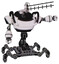 Robot containing dual retro camera head and wireless internet transmitter head and heavy upper chest and insect walker legs. White halftone toon. Pointing left or pushing a button..