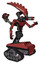 Mech containing flat elongated skull head and light chest exoshielding and ultralight chest exosuit and minigun back assembly and tank tracks. Light brick red. Interacting.