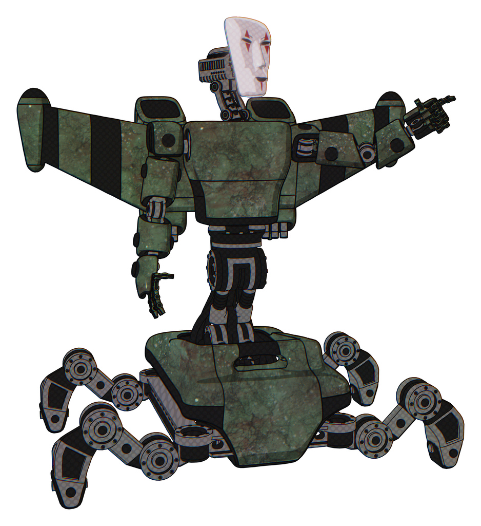 Automaton containing humanoid face mask and red clown marks and light chest exoshielding and prototype exoplate chest and stellar jet wing rocket pack and insect walker legs. Old corroded copper.
