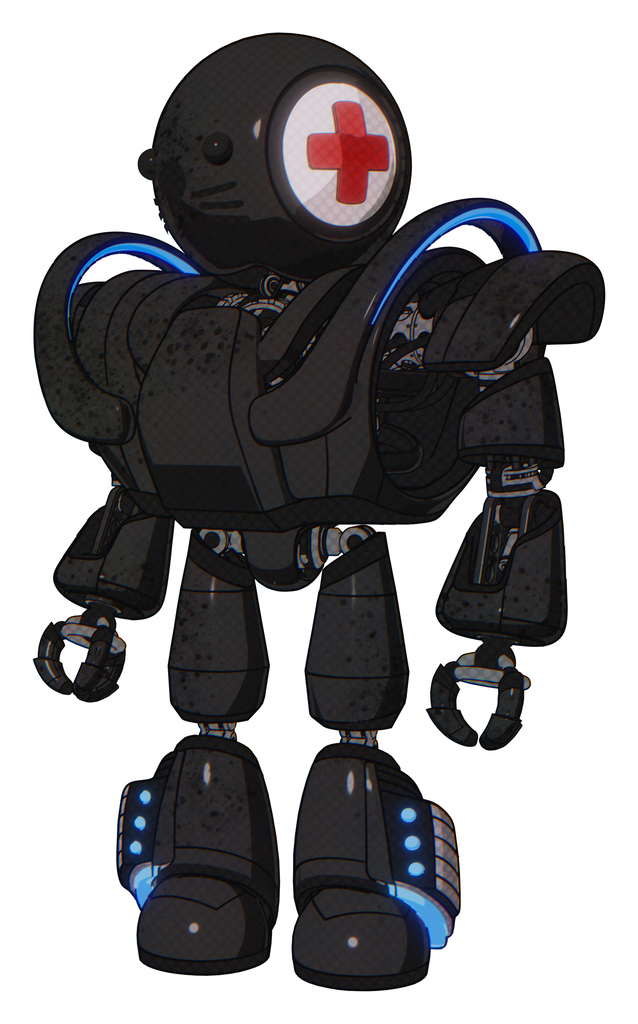 Droid containing round head and first aid emblem and heavy upper chest and heavy mech chest and battle mech chest and light leg exoshielding and megneto-hovers foot mod and cat face. Dirty black.