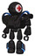 Droid containing round head and first aid emblem and heavy upper chest and heavy mech chest and battle mech chest and light leg exoshielding and megneto-hovers foot mod and cat face. Dirty black.