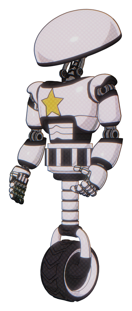 Mech containing dome head and light chest exoshielding and yellow star and unicycle wheel. White halftone toon. Facing right view.